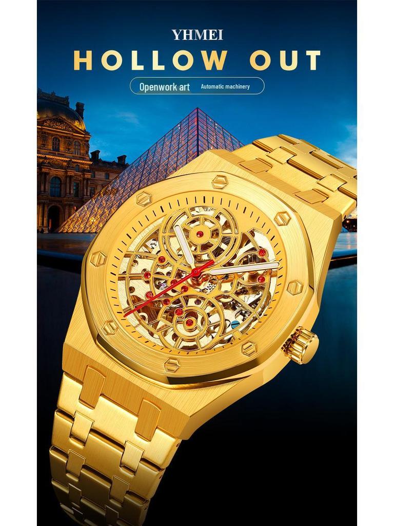 Men's Luxury Stainless Steel Skeleton Mechanical Watch with Large Dial, Fully Automatic Design