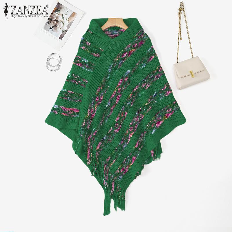 

ZANZEA Autumn Women Front Cross Irregular Knitted Hooded Cloak Sweaters Jumpers One Size зелёный