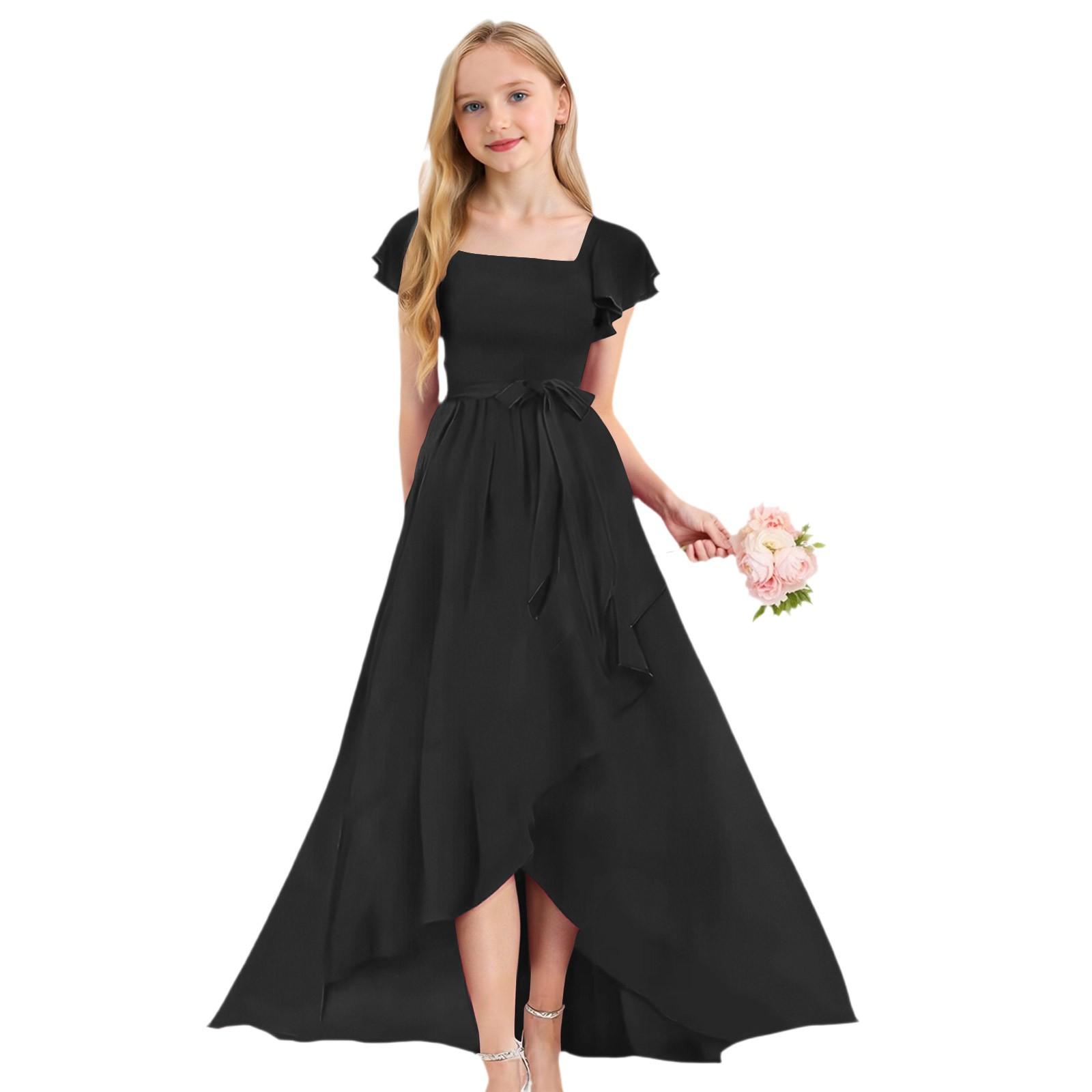 

Платье для девочек с расклешенной талией - Однотонное многоярусное макси с оборками 140 чёрный