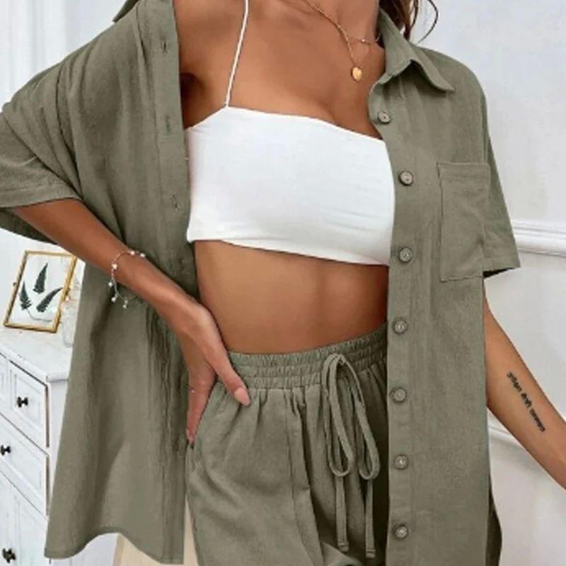 

Solid Color Shirt Drawstring Shorts Set Pure Color Shirt Drawstring Shorts Suit army green XL
