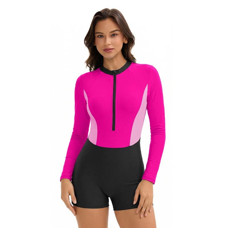 Women Color Block Long Sleeve Sun Protection One Piece Conservative Swimsuit