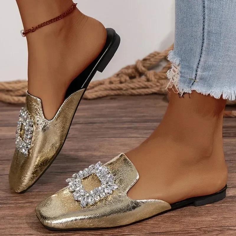 Mode Damskor Fyrkantig Tå Platta Tofflor Sommar Nya Strass Spänne Slip-on Mules för Kvinnor Utomhus Damskor Lätta Casual Slides