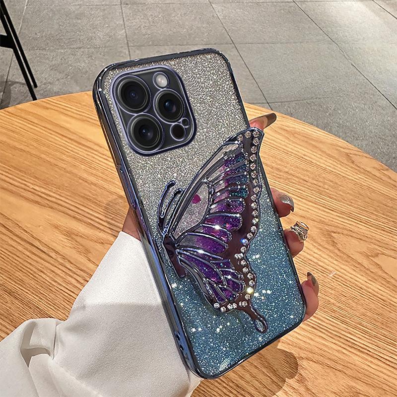 Suitable for IPhone15 Mobile Phone Case Silicone Case Quicksand Butterfly Stand Apple 16Promax Glitter 13/14