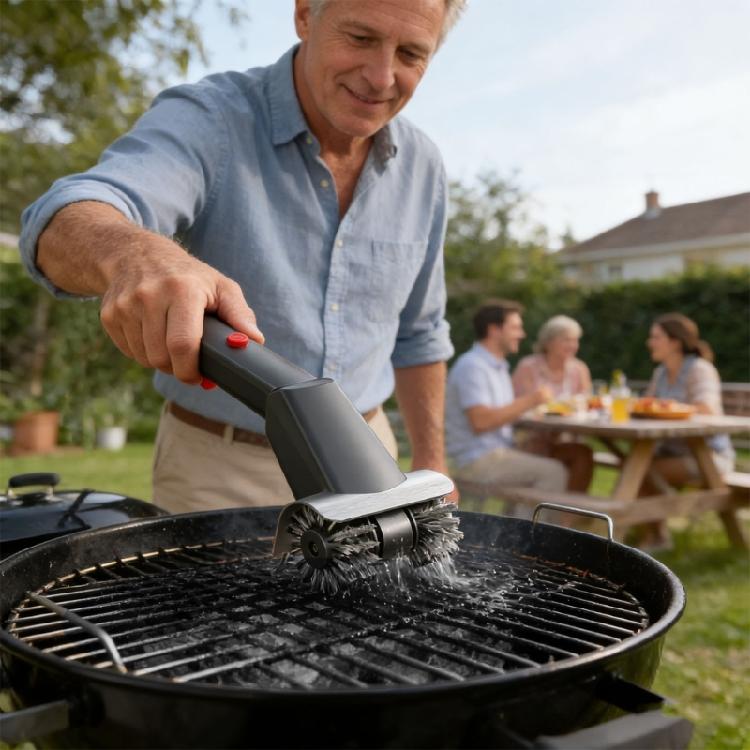Wiederaufladbare Grillbürste mit Schnellaktion und hitzebeständigem Stahlkopf für multiple Kochansätze