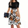 Women Casual Waist Tie Dress Short Sleeve Round Neck Floral Print Patchwork A-Line Summer Dress