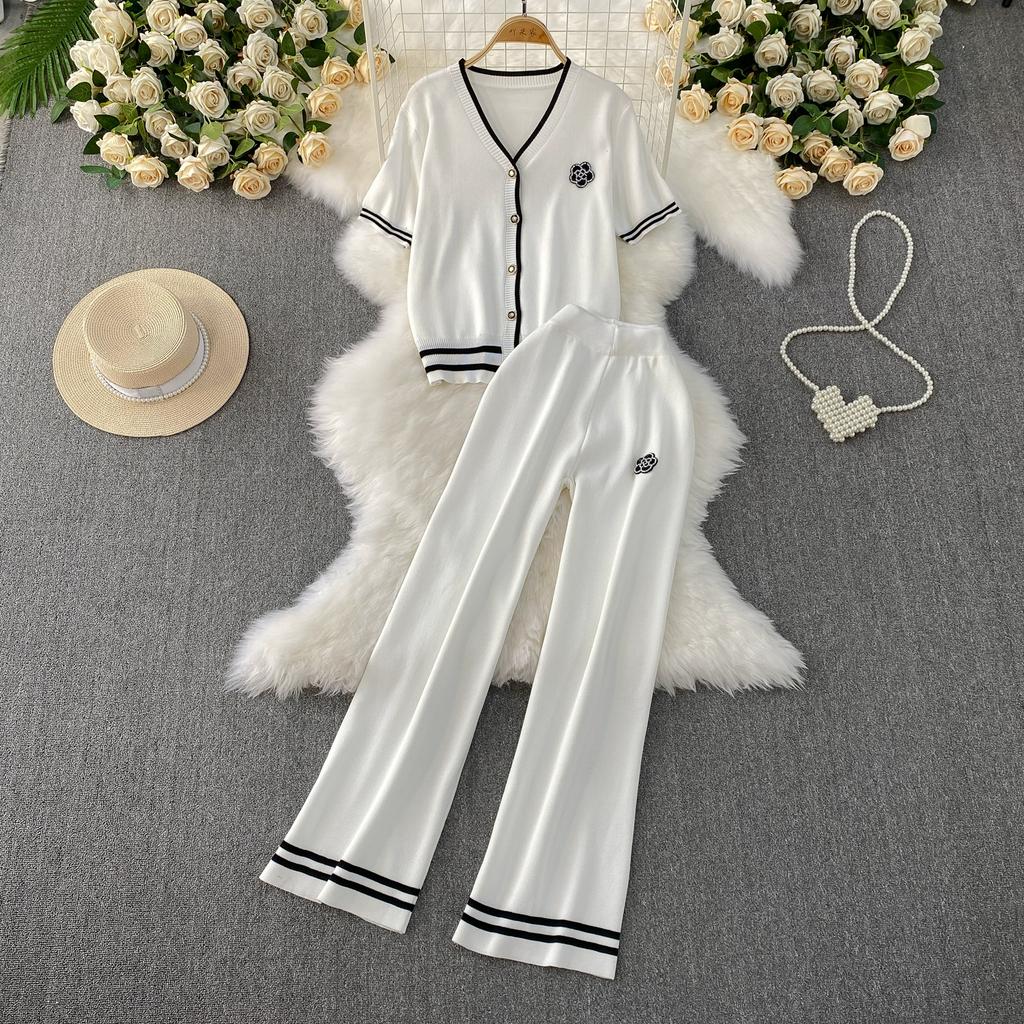 Summer Women Camellia Beading Knitted Sweater Tracksuit Short Sleeve V-neck Jacket Top and Ankle Length Pant Two Piece Set