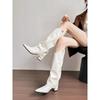 Genuine Leather~ Jiaoyu White Trouser Boots Pointed V-mouth Thin Spice Girl Boots But Knee Thick Heel Boots Knight Boots
