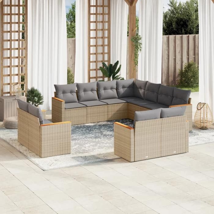 VidaXL Salon de Jardin avec Coussins 11 pcs, Canapés de Terrasse, Ensemble de Meubles de Patio, Mobilier d'Extérieur, Beige 3258902