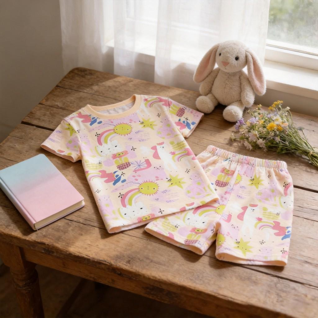Child Girl Summer Cotton Cartoon Pajama Set With Short Sleeve And Shorts For Playtime