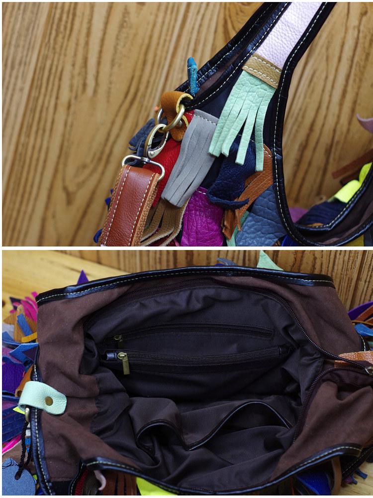 Geantă Crossbody și de Umăr Colorată din Piele de Vacă cu Ciucuri în Stil Mori pentru Femei