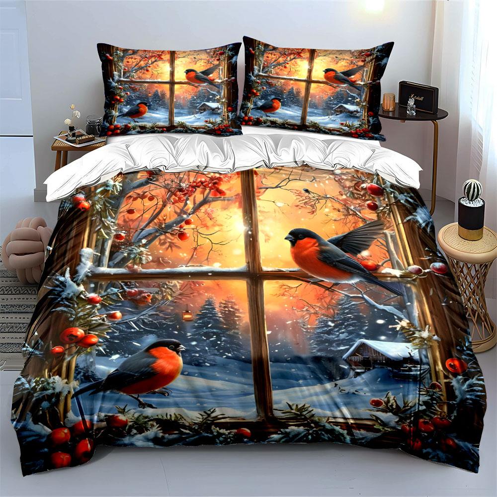 Winter Birds And Snowy Landscape Kid'S And Adults' Bedroom Decor, Exquisite Three-Piece Bedding Set Gift