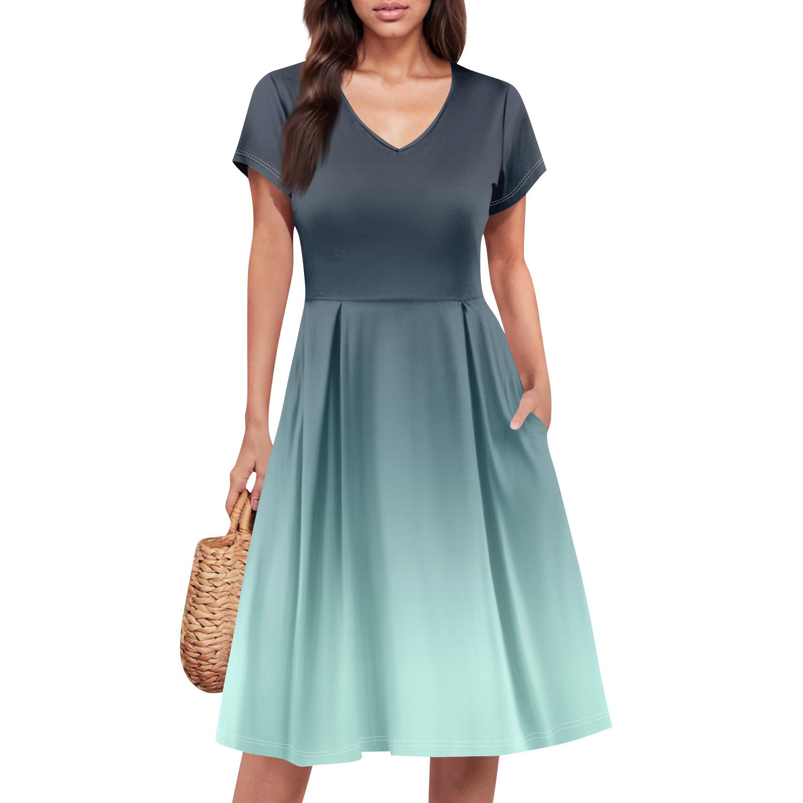 

Женское летнее платье с коротким рукавом, V-образным вырезом, короткое, модное, повседневное, летящее, А-силуэта, платье-сарафан с карманом XL