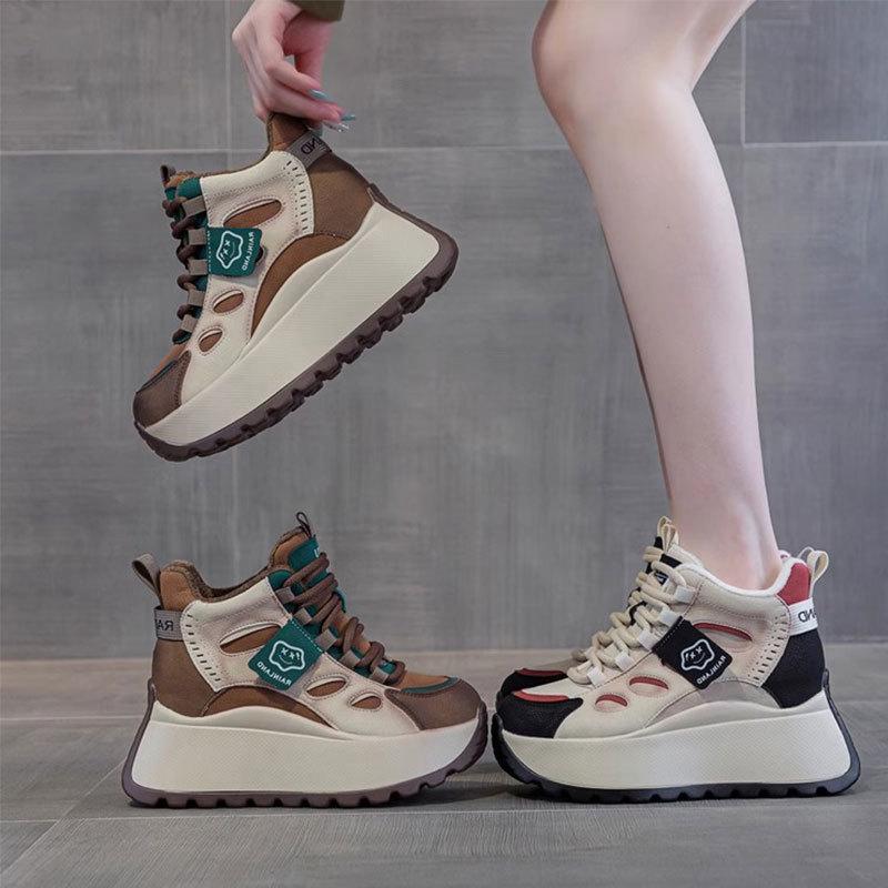 High-top Casual Sports Shoes for Women's Autumn and Winter New Thick-soled Heightening Small Color Matching Velvet Thickened Dad Shoes