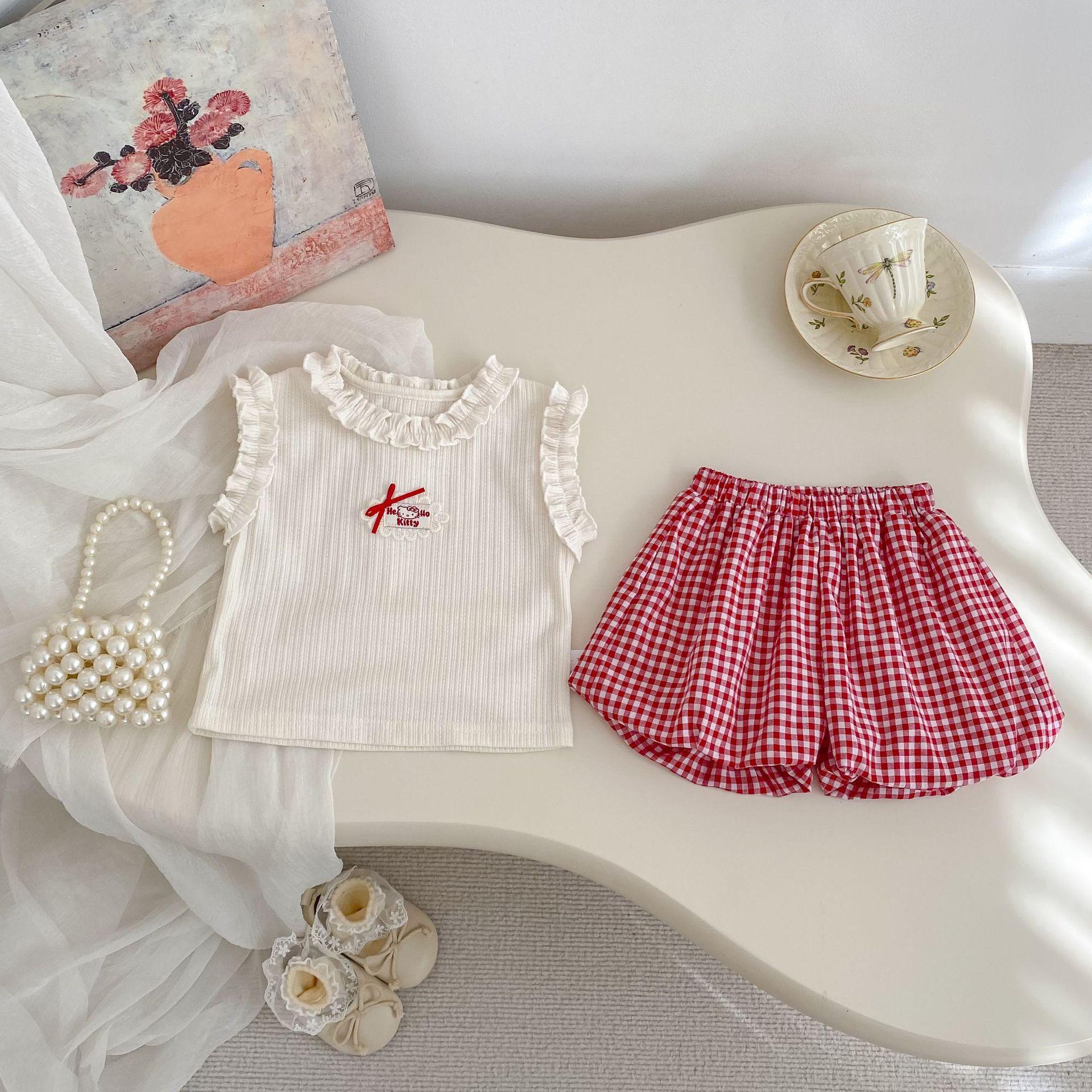 Girls Summer Red Plaid 2 Piece Set Ruffle Collar Sleeveless Vest With Bud Pants 73