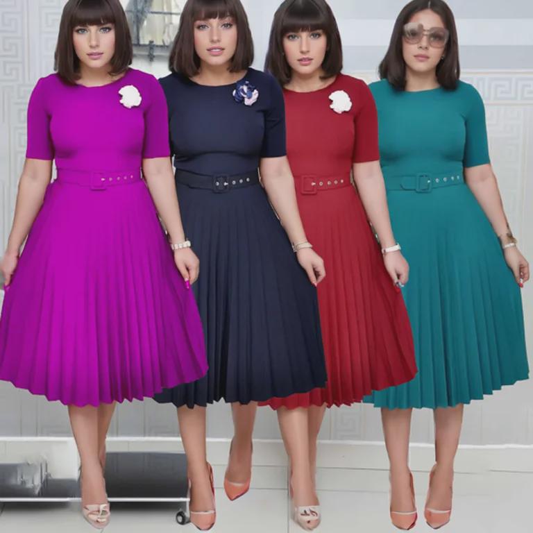 Dámské jednobarevné skládané šaty s kulatým výstřihem a vysokým pasem, velikost pro větší děti