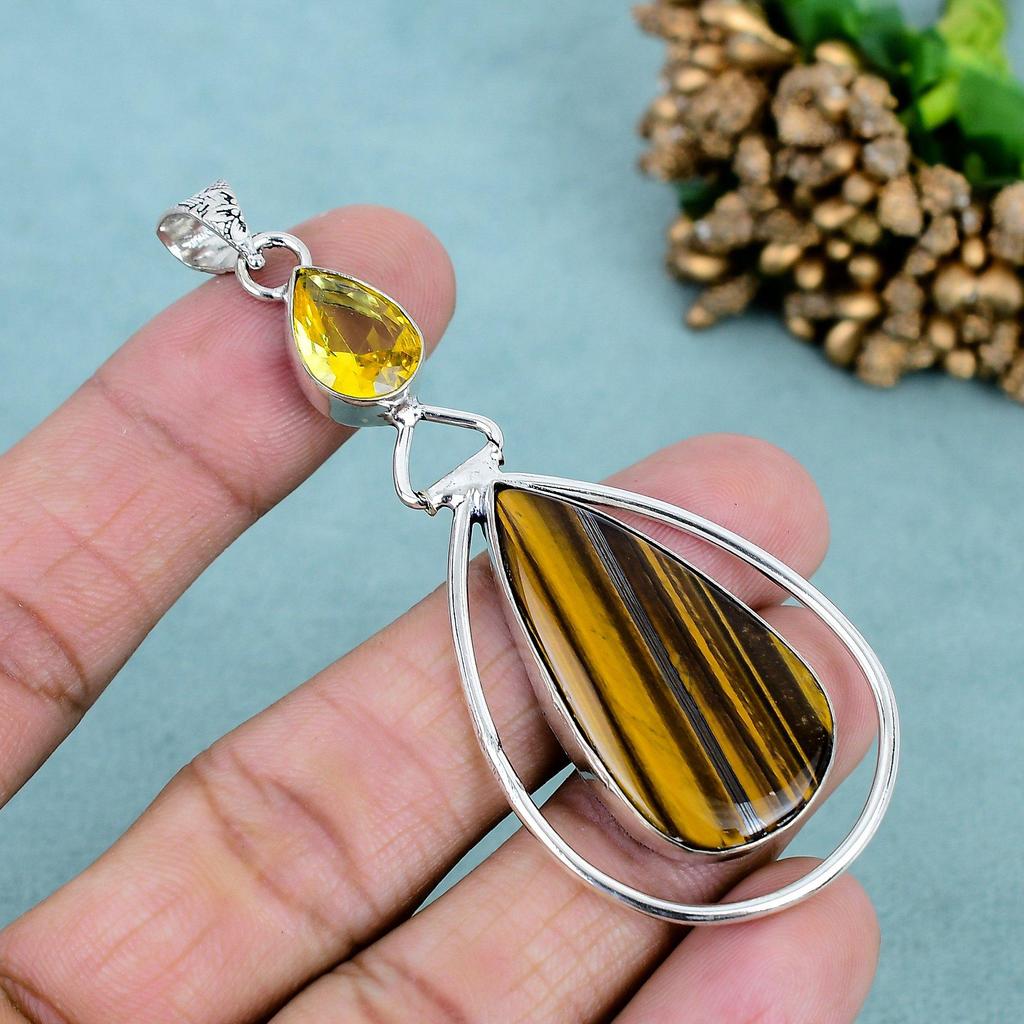 Tiger Eye & Citrine Gemstone 925 Sterling Silver Plated Teardrop Pendant Necklace for Women