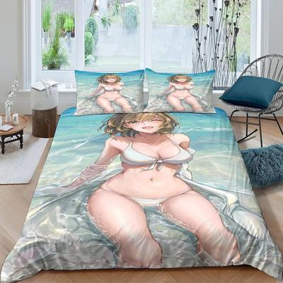 Vollständiges und sexy Mädchen Bettlaken Set 3D gedrucktes Anime Mädchen, Kindermädchen, Junge, Erwachsener Daunen Bettbezug und Kissenbezug Reißverschluss, weich ultra