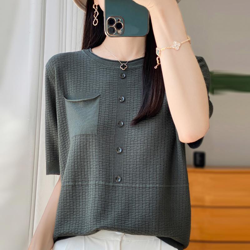 Women Knit T-shirt Summer Knitted Shirt Short Sleeve Tees O-neck Pullover Knit Tops Female