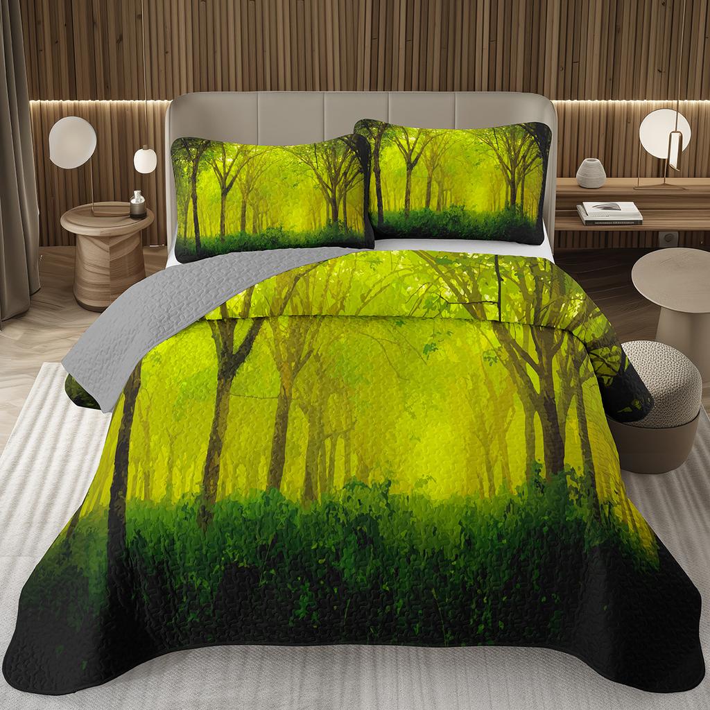 Přehoz na postel Queen/Twin s lesním motivem, Sada prošívané přikrývky s přírodní scenérií, Měkká lehká botanická přehoz na postel se stromem, Rustikální selská ložní souprava
