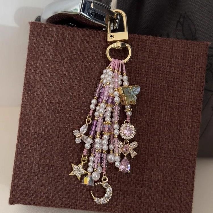 [Flower Butterfly Dance] Dream Pink Purple Butterfly Beaded Keychain Pendant Tassel Bag CD Camera Lanyard