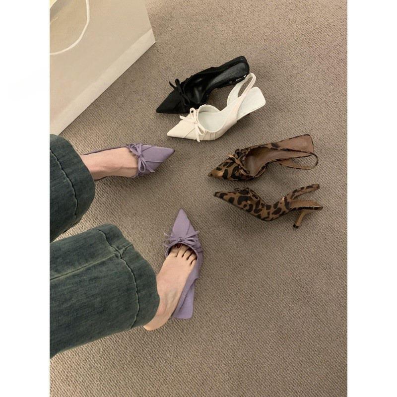 French High Sense Bow Beautiful Leopard-print Overhead Sandals Women's Summer New Stiletto Heels