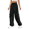 Women Cargo Pants Elastic High Waist Adjustable Drawstring Long Pants with Multi Pockets Wide Leg Design Solid Color Casual Pants