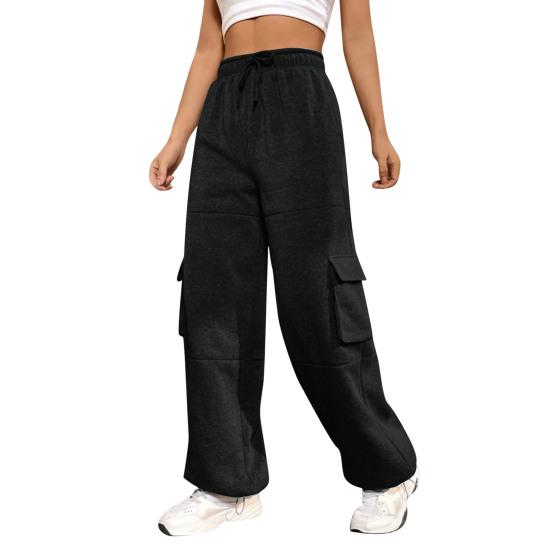 Women Cargo Pants Elastic High Waist Adjustable Drawstring Long Pants with Multi Pockets Wide Leg Design Solid Color Casual Pants