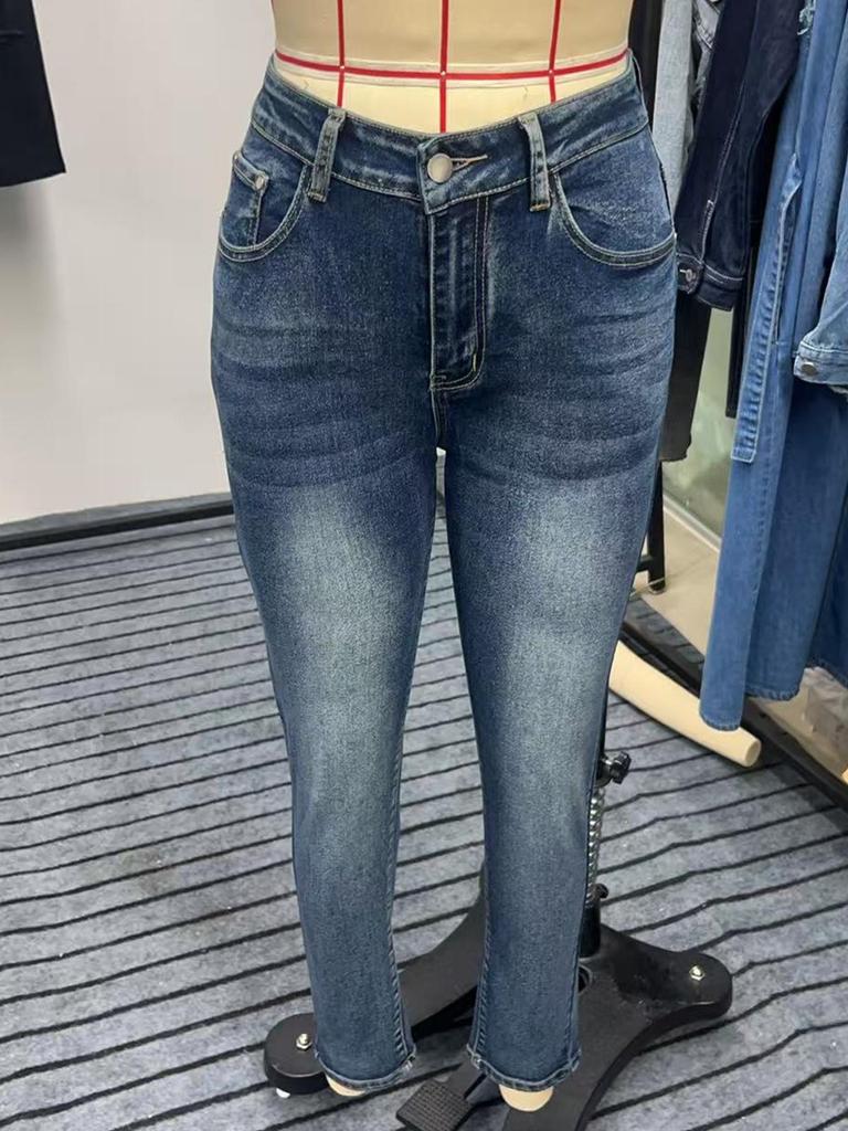 European & American Cross-Border Mid-Waist Washed Stretch Butt-Lifting Women's Skinny Jeans