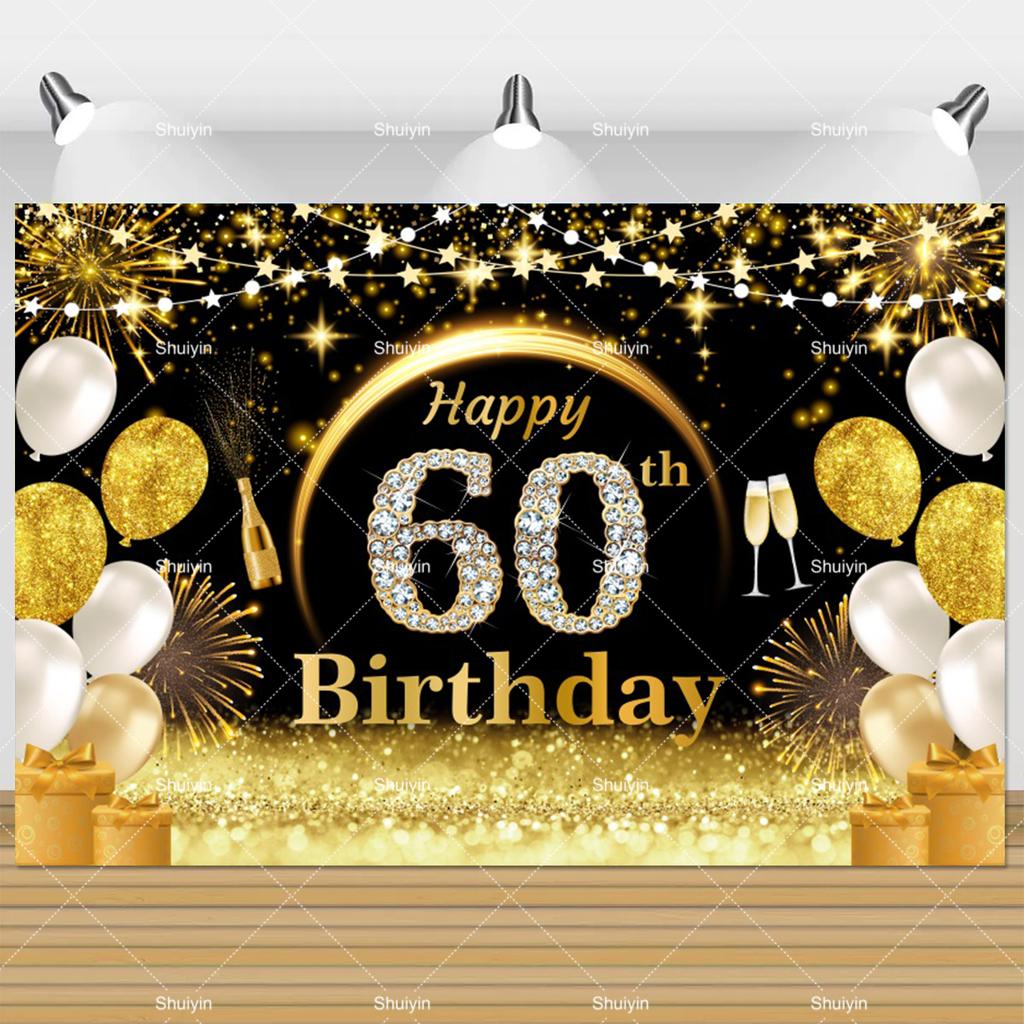 60th Birthday Backdrop Woman Man 60 Years Old Birthday Decorations Party Supplies Glitter Balloons Sixty Banner Photo Shoot Prop