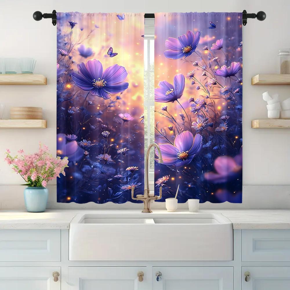 2pc,  Window Curtains Blue & Purple Flowers Light Filter Spring Party & Holiday Decor Perfect for Carnival Decor