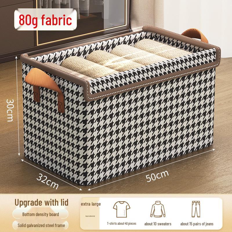 Houndstooth Foldable Quilt Storage Box with Lid - Large Wardrobe Bin for Clothes & Pants.