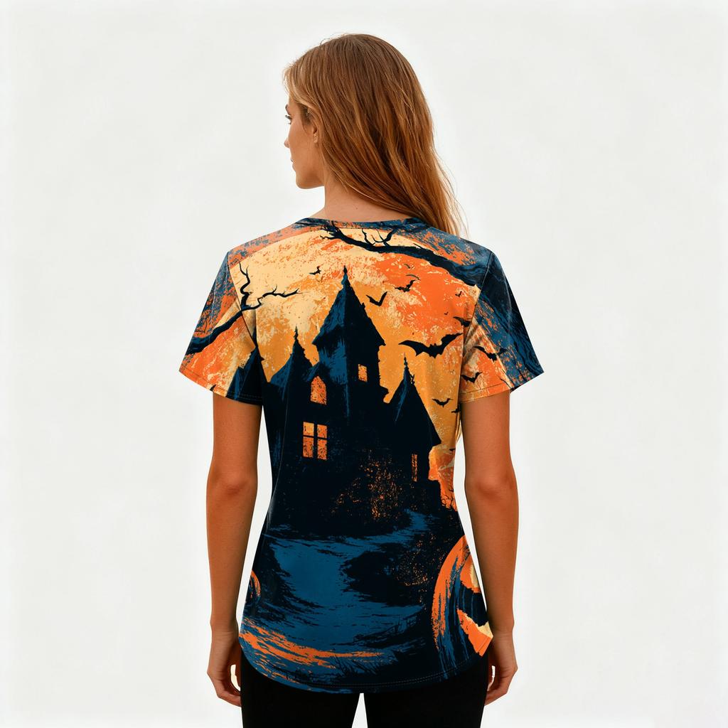 Women's Halloween Printed V-Neck Short Sleeve Scrub Top with Pockets