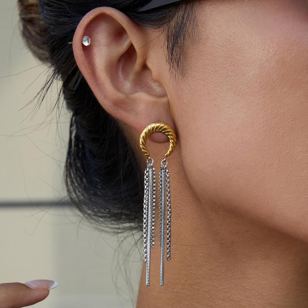 Yori Gold Silver Color Blocked Threaded Moon Tassel Stud Earrings for Women Elegant Chic Attractive Jewelry Prevent Allergy Gift