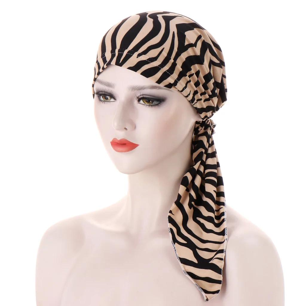 Women Printed Turban Cap Muslim Hijab Inner Caps Beanies Bonnet Long Tail Headscarf Strech Bandana Hat