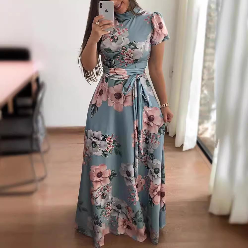 Autumn new style flower print short-sleeved pendulum dress women's clothing