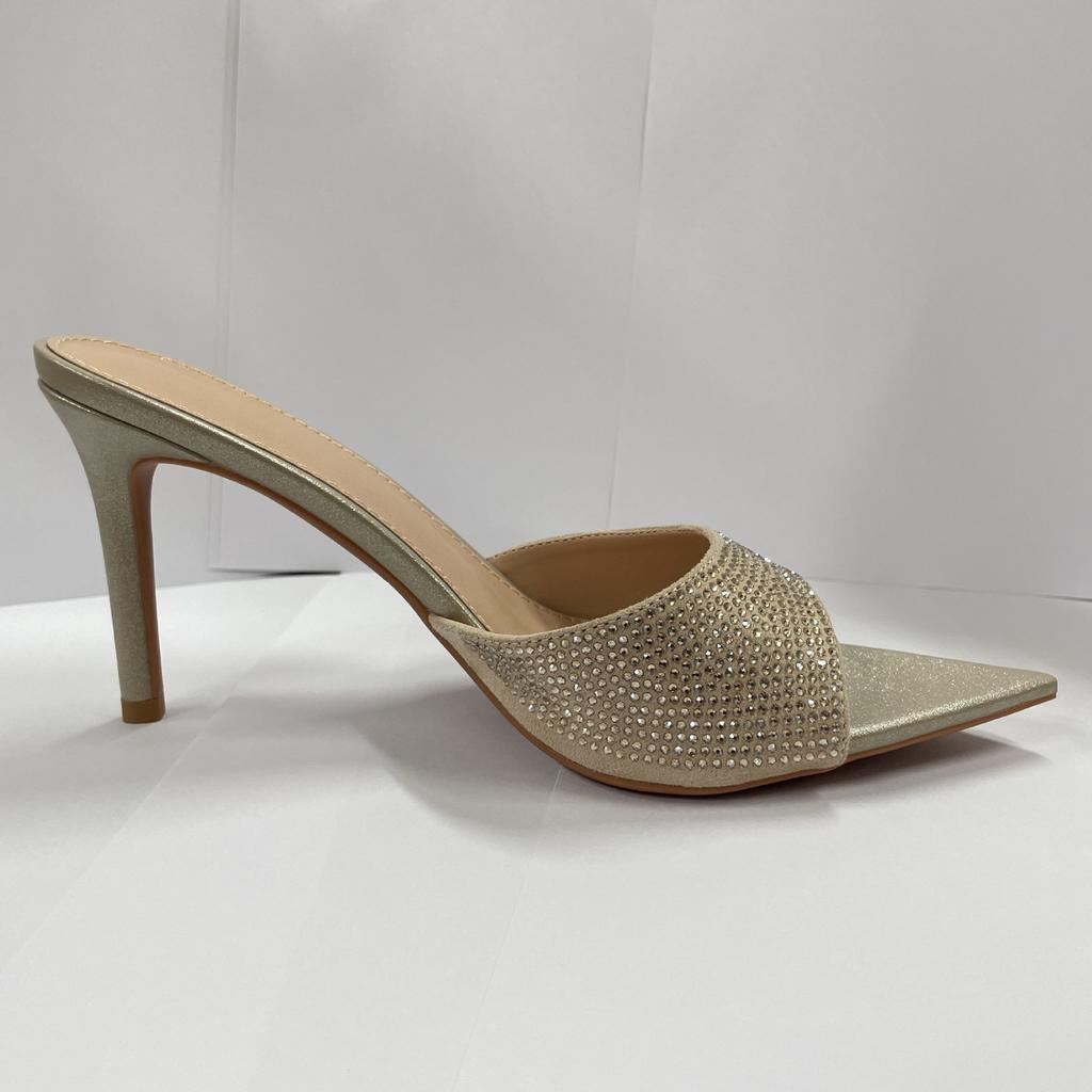 Summer women's stunning fine-heeled rhinestone high-heeled slippers with skirt pointed one-word high heels, sexy and not tired