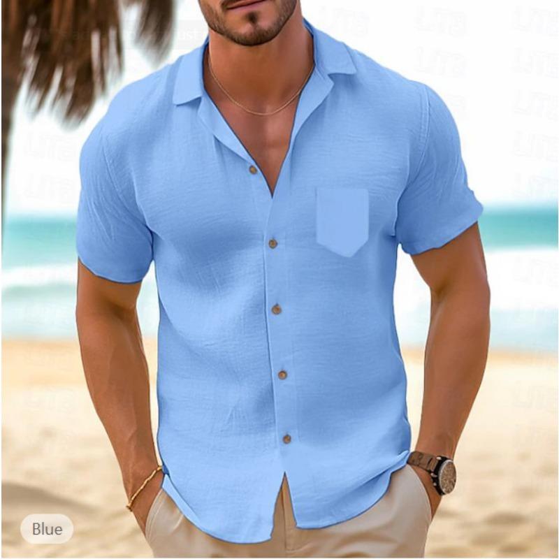 Men's summer retro linen loose Henry shirt casual beach shirt