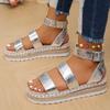 Large size platform beach sandals summer new wide strip hollow fish mouth fashion linen sole women's shoes