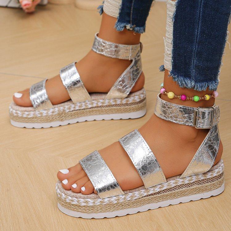 Large size platform beach sandals summer new wide strip hollow fish mouth fashion linen sole women's shoes
