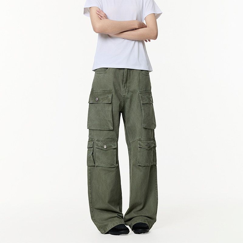 Black of Exit American Retro Distressed Multi-Pocket Straight-Leg Cargo Pants Trendy Heavy-Duty Casual Pants Vibe
