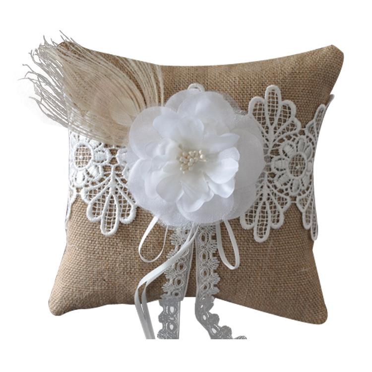 

Beach Burlap Feather Flower Ring Pillow Natural Pastoral Bride Wedding Ring
