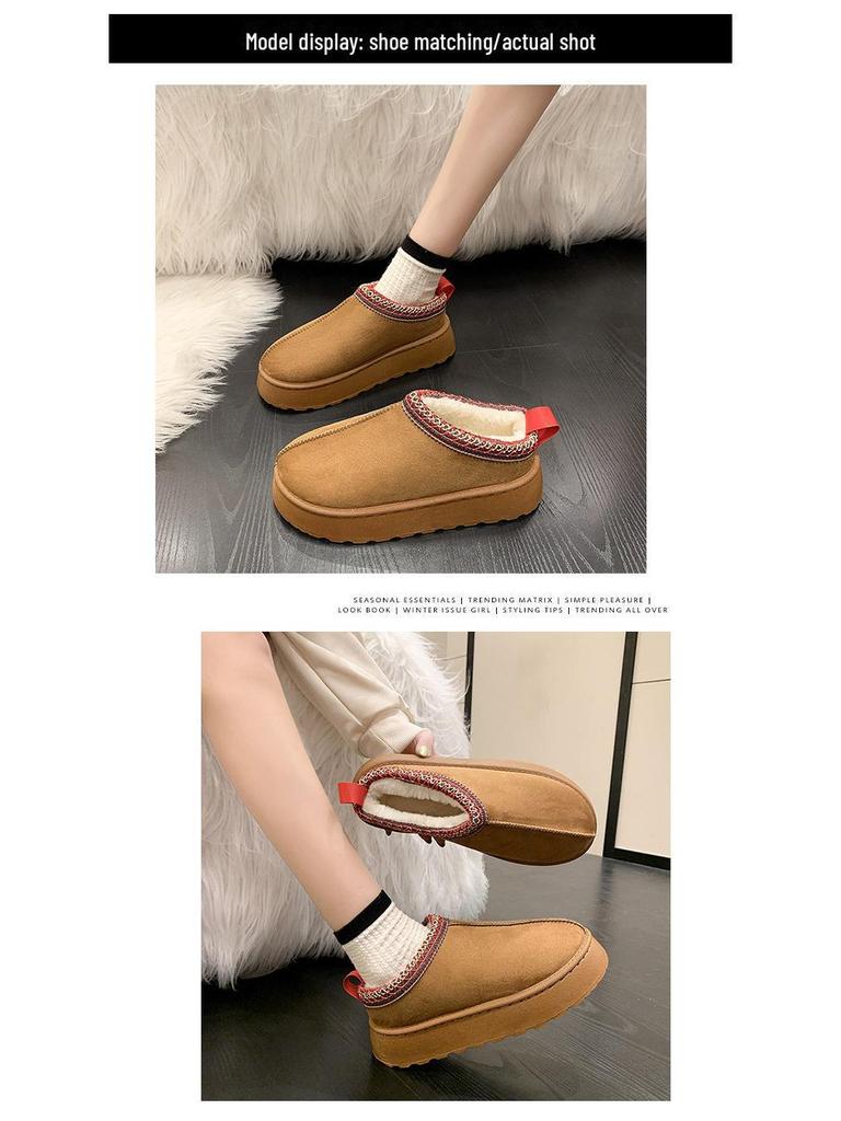 Cizme de zăpadă pentru femei cu garnitură de blană 2023: Papuci de exterior cu talpă groasă, de toamnă/iarnă, cu vârf semiacoperit și căptușeală de catifea