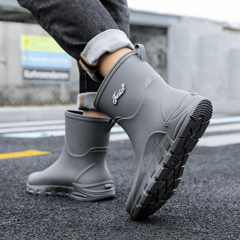 New Rain Shoes Men's Non-slip Men's Medium Tube Velvet Rubber Shoes Kitchen Wear-resistant Fishing Waterproof Rain Boots Fashion Water Shoes