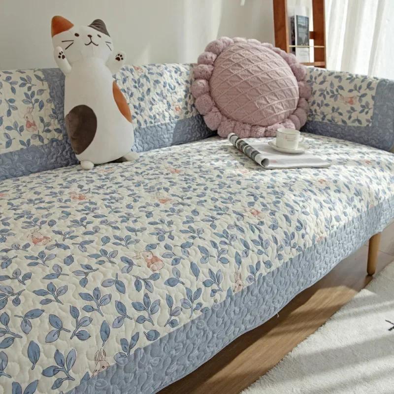 Korean Style Small Floral Pure Cotton Sofa Cushion for Living Room Pets Kids Furniture Protector Washable Removable Couch Covers