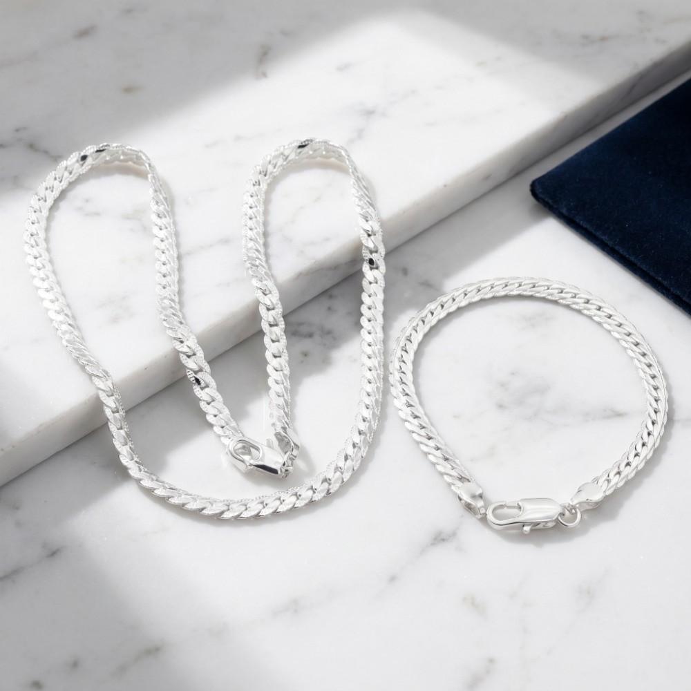 2Pcs Full Side Flat Chain Bracelet Silver-Plated Snake Chain Bracelet Side Chain Necklace Party