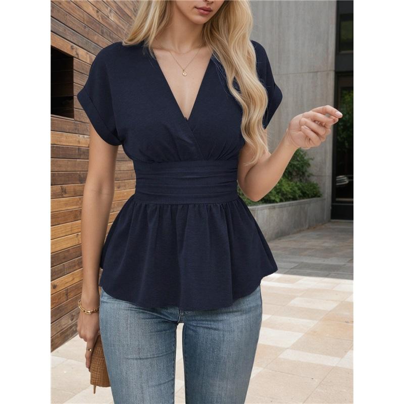 Damen V-Ausschnitt Kurzarm Peplum Bluse Lässig Wickel Taille Slim Fit Sommer T-Shirt Top