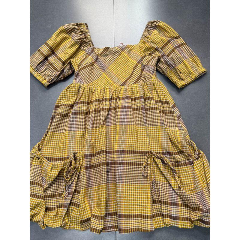 Foreign Trade Order Ent * O French style Retro Plaid Square-Cut Collar Twill Puff sleeve Waist Hugging A Word Swing Dress Women
