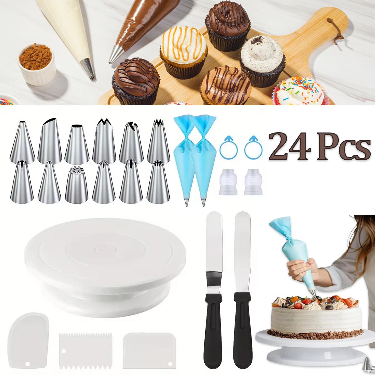 24PCS Cake Decorating Set-Non-Slip Turntable with Piping Tips, Scrapers & Tools for Professional DIY Baking Tools Accessories