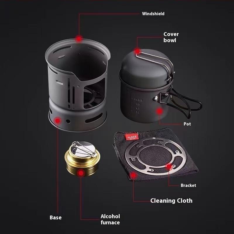 ALOCS Kuchenka kempingowa 3200W na zewnątrz - Wiatroodporny, kompaktowy system gotowania zagnieżdżany z garnkiem i palnikiem alkoholowym, backpacking/hiking