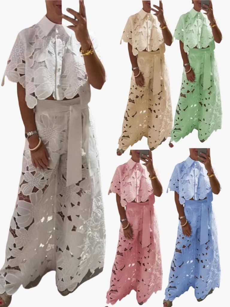2025 Summer Women's Solid Color Casual Hollow Out Cardigan & Wide Leg Pants Set
